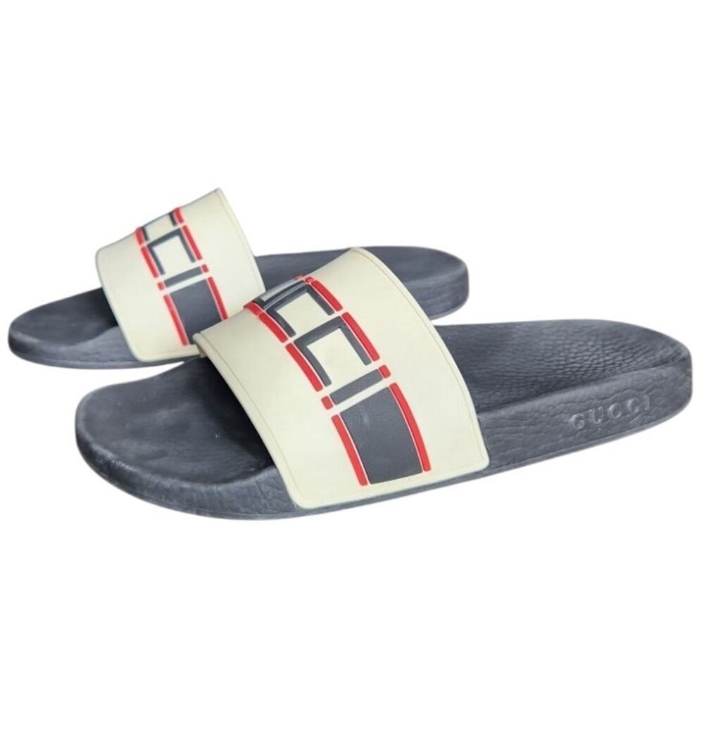 Gucci Logo Stripe Rubber Pool Slides Sandals Shoes Pre-owned Men's Size 9 No Box